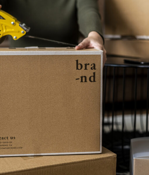 Small business owner packing product parcel boxes for delivery